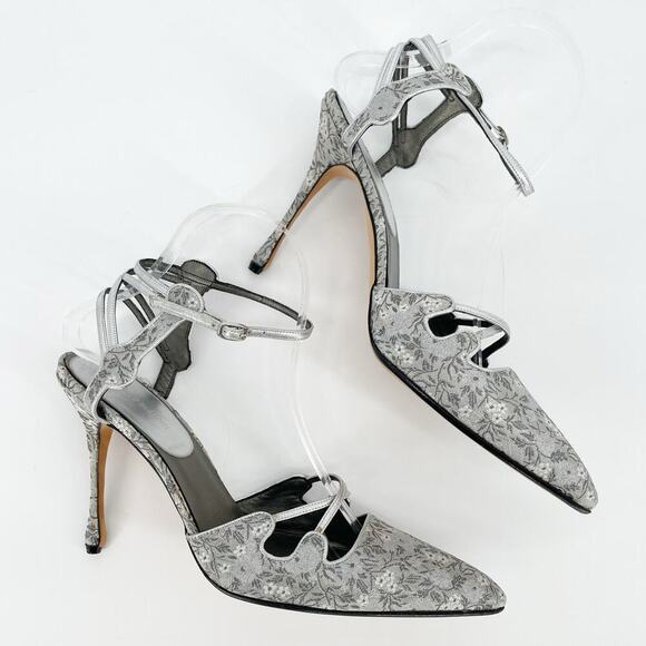 Manolo Blahnik Vintage Silver Brocade Floral Pointed Toe Strappy Heel size IT 39 - Picture 4 of 15